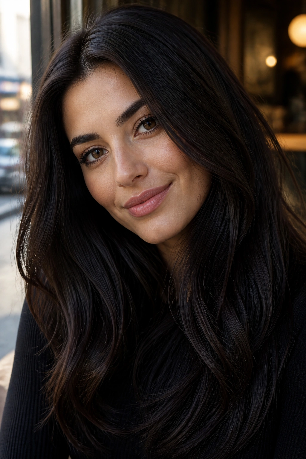 Close-up of a woman with deep midnight brown hair in soft natural light.