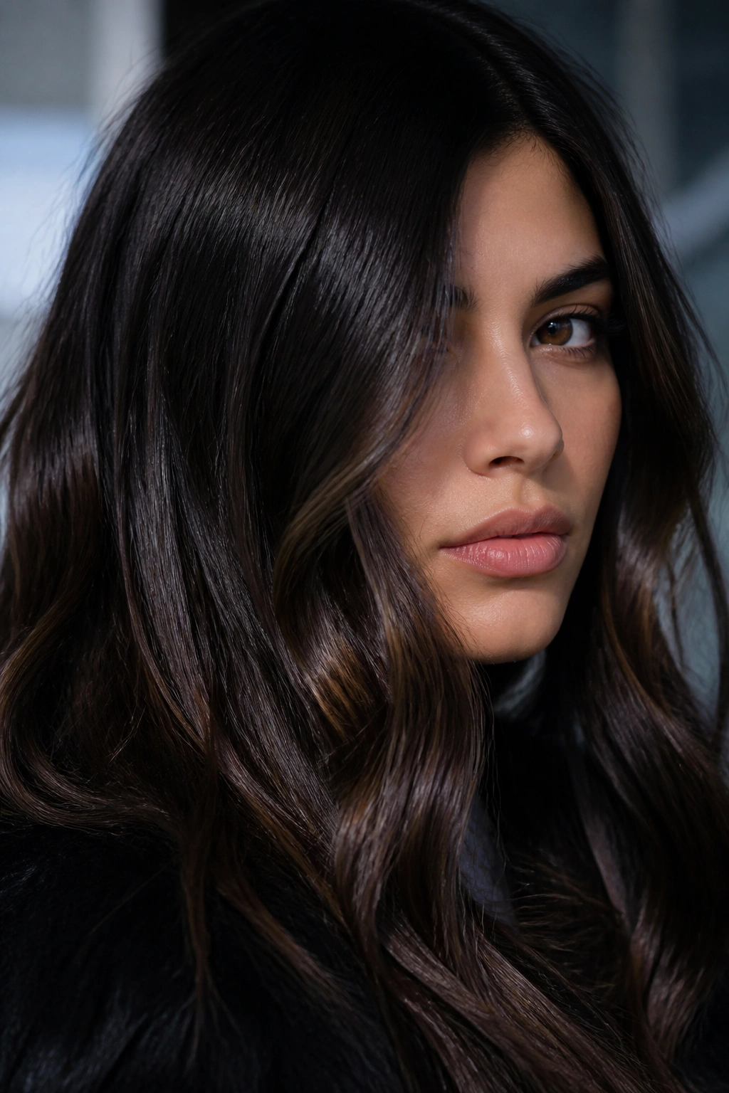 Close-up of a woman with midnight brunette hair and high gloss in a moody winter setting