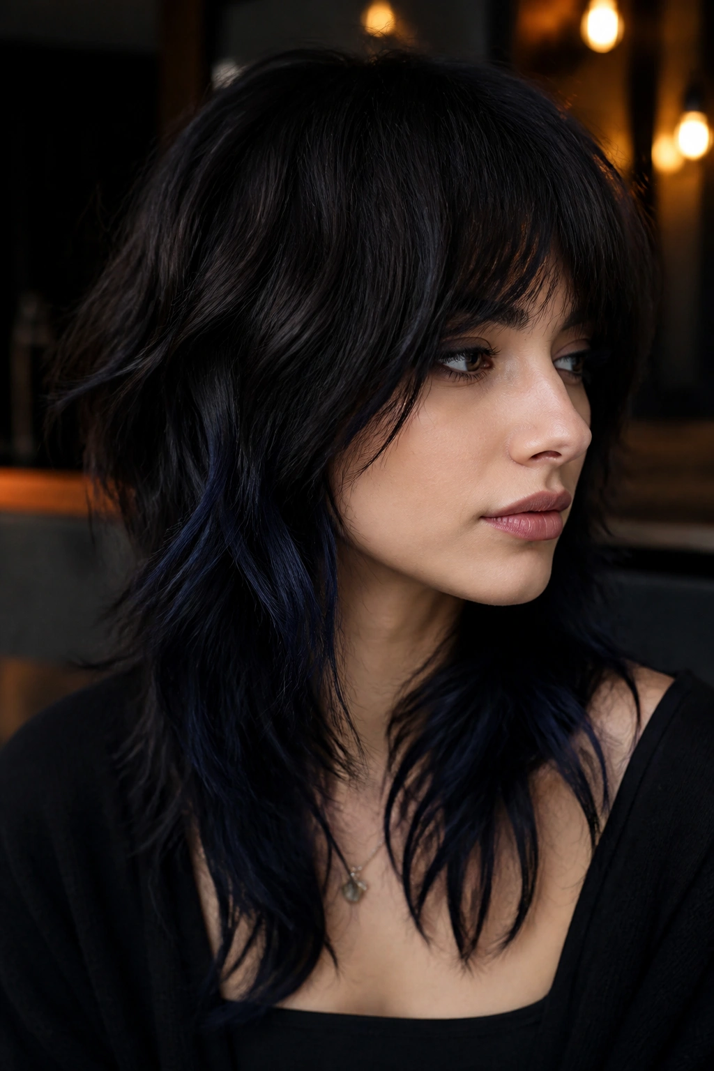 Close-up of a real woman with midnight brunette wolf cut and blue-black streaks in moody indoor light