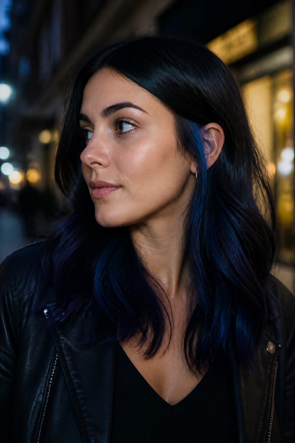 Close-up of a real person with deep midnight navy peekaboo hair color in evening street lighting