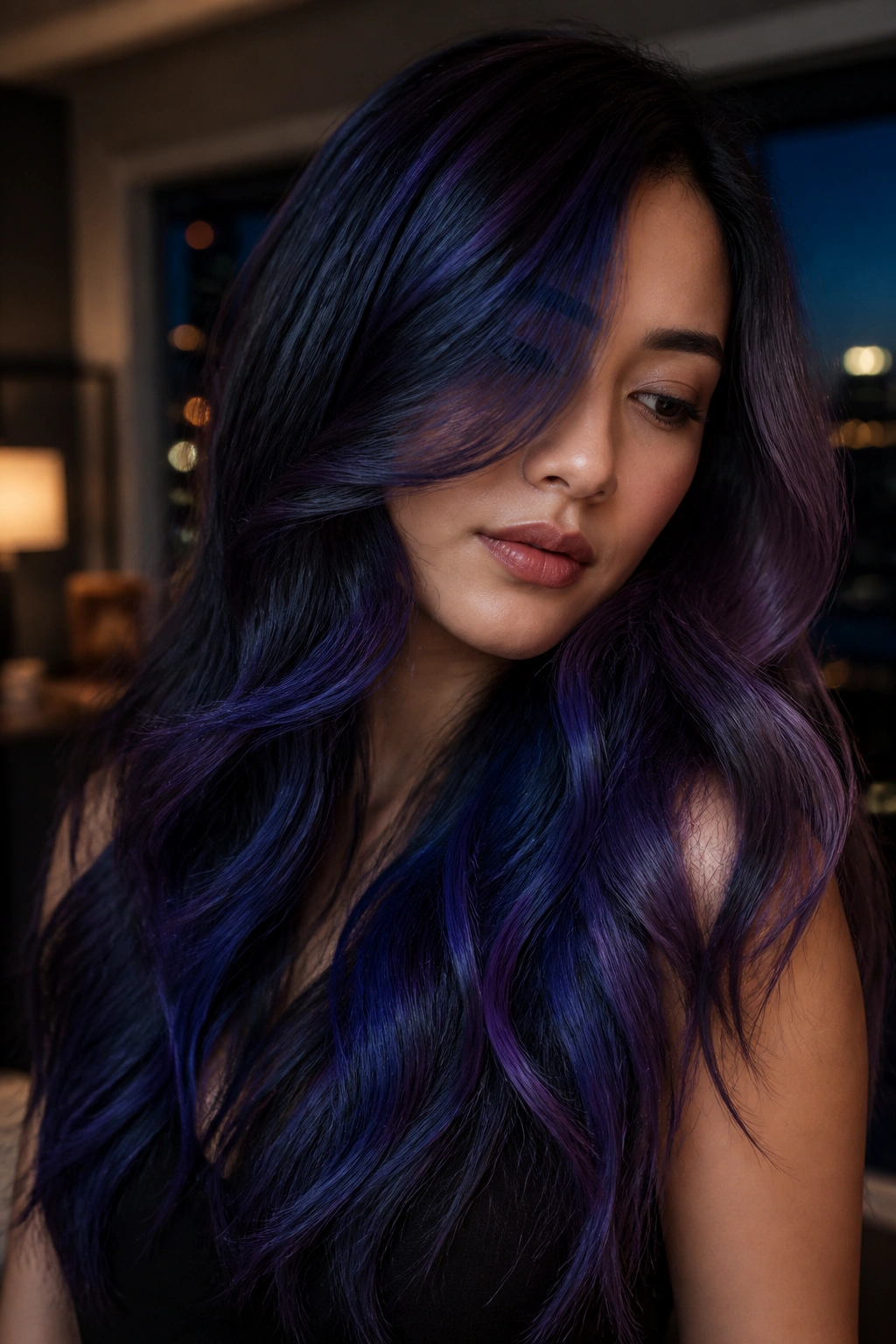 Close-up portrait of long hair with navy, indigo, and smoky violet tones on a moody evening