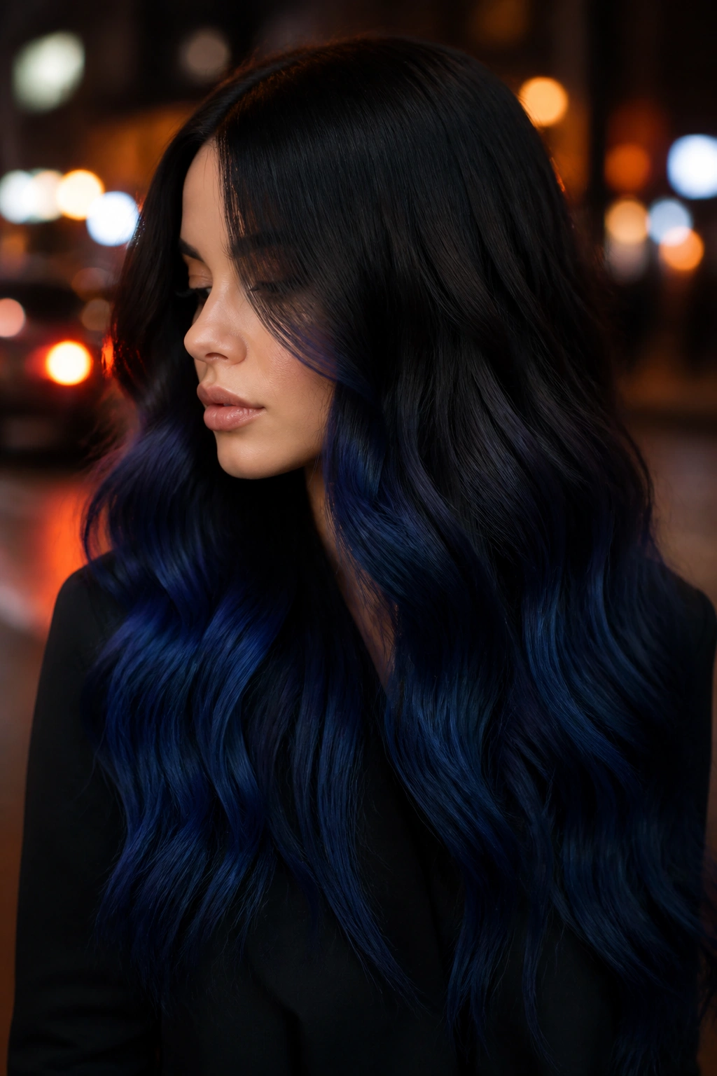 Portrait of a person with midnight navy ombré hair in an urban night setting