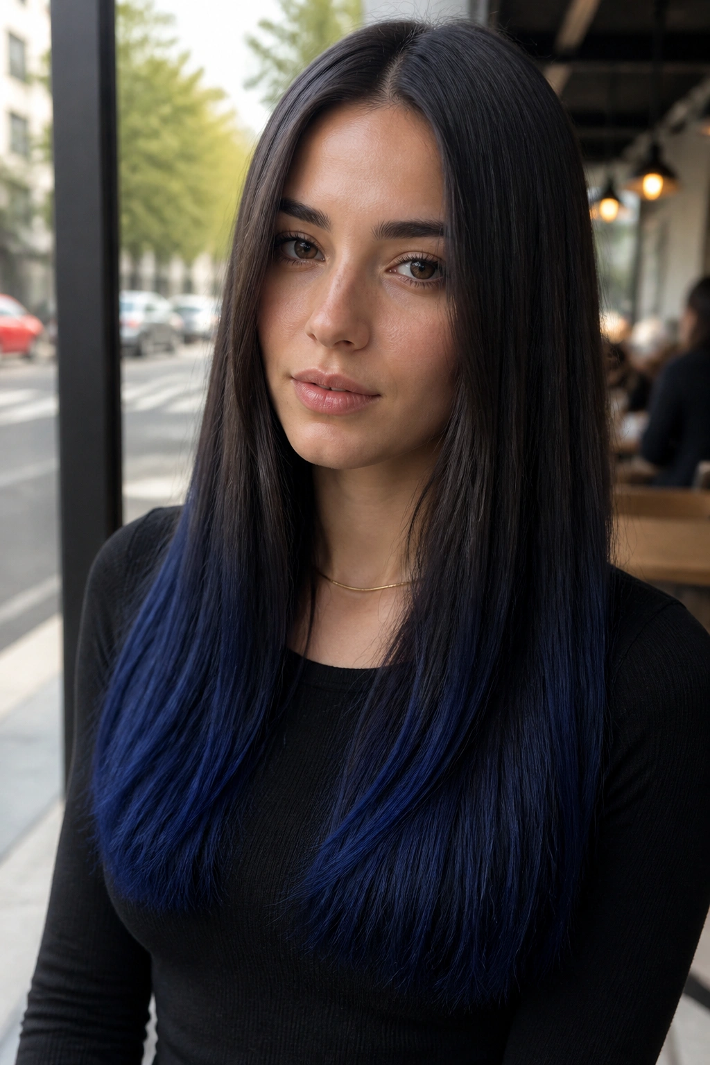 Close-up portrait of a real woman with midnight navy tips on straight hair.
