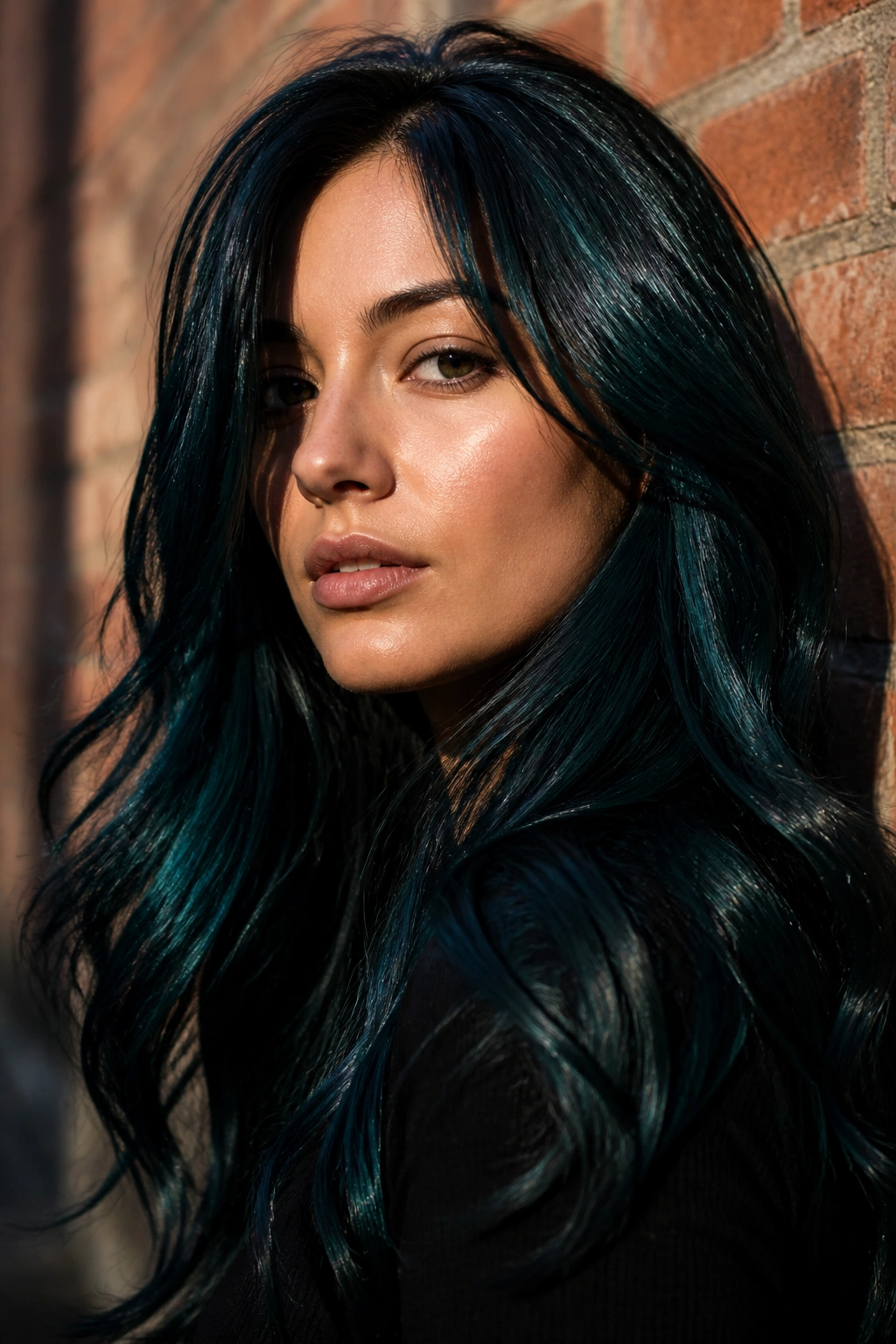 Close-up portrait of a real woman with midnight teal hair against brick wall at golden hour