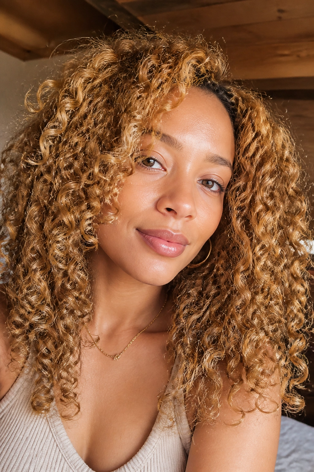 Close-up of curly hair with miel blonde warm golden tones