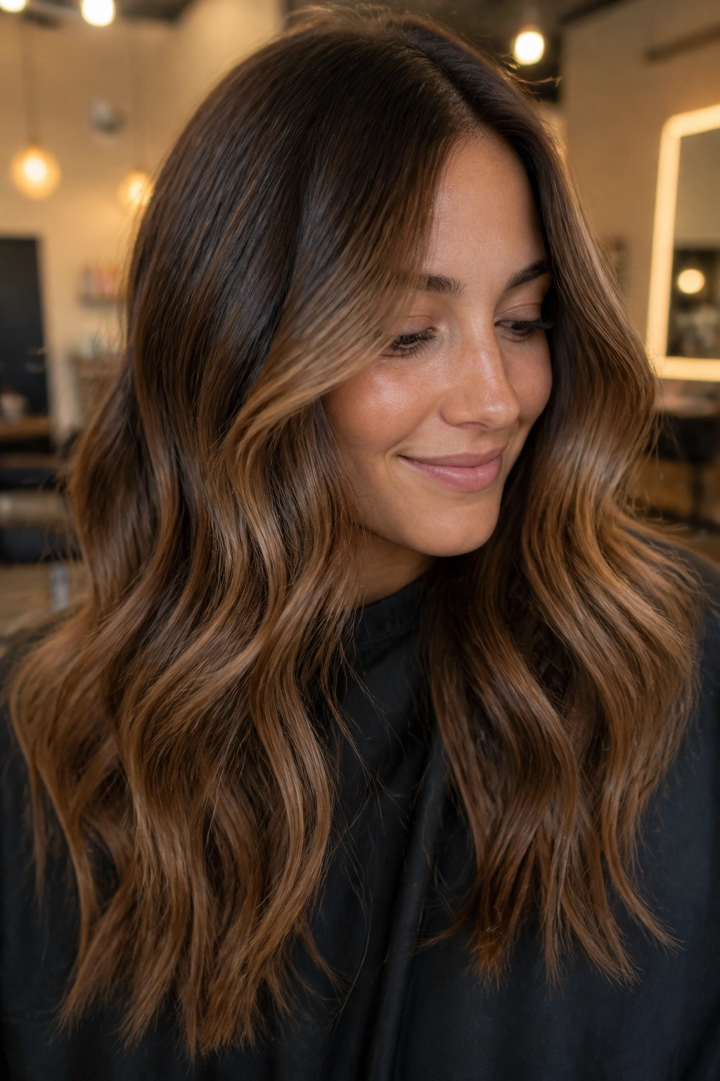 Close-up of a real woman's hair with milk chocolate balayage on medium brown base.