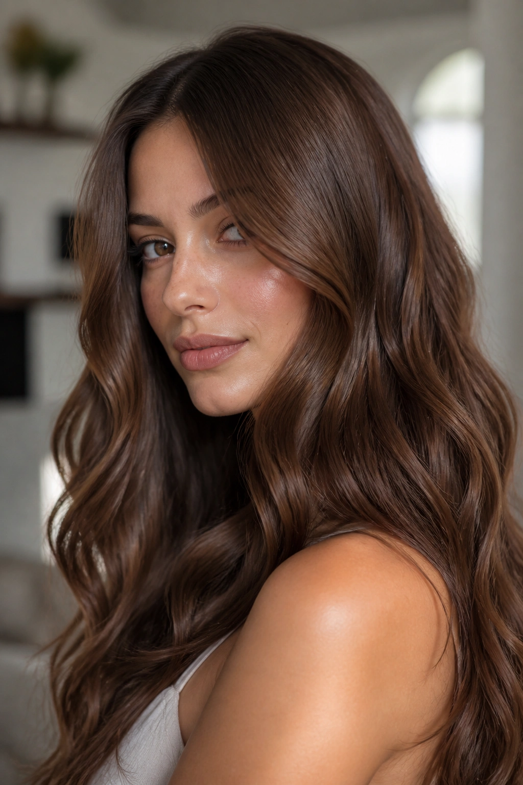 Close-up portrait of a real woman with soft milk chocolate brown hair and gloss.