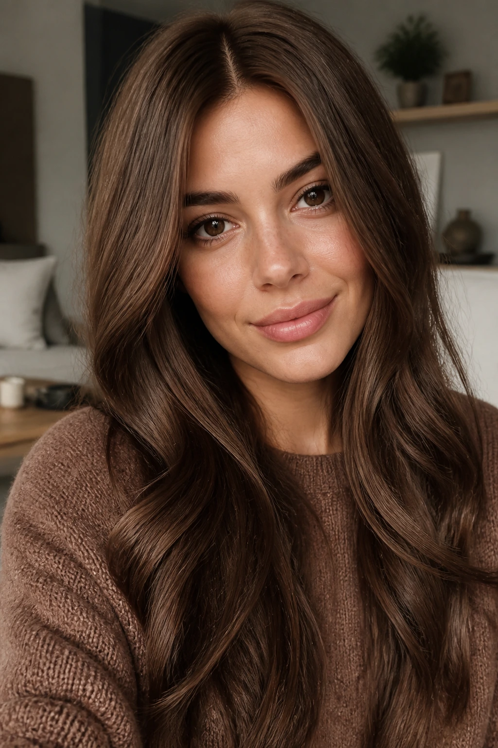 Close-up of a woman with milk chocolate brown hair and center part