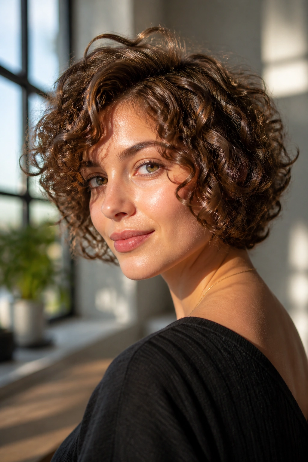 Close-up of a real woman with a milk chocolate curly bob showing defined curls