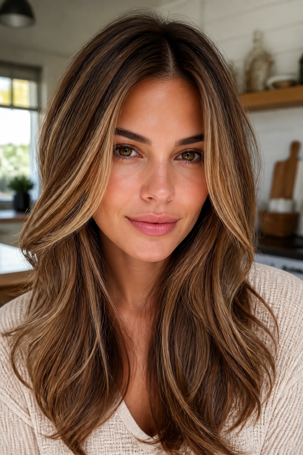 Close-up of milk chocolate hair with vanilla highlights on a real person