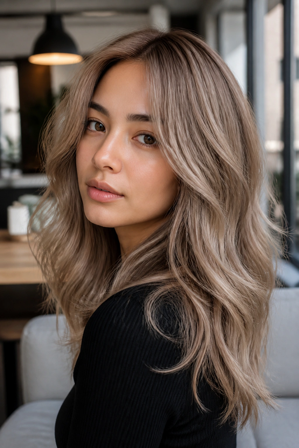 Close-up of real woman with milk tea blonde hair in muted beige and soft brown tones