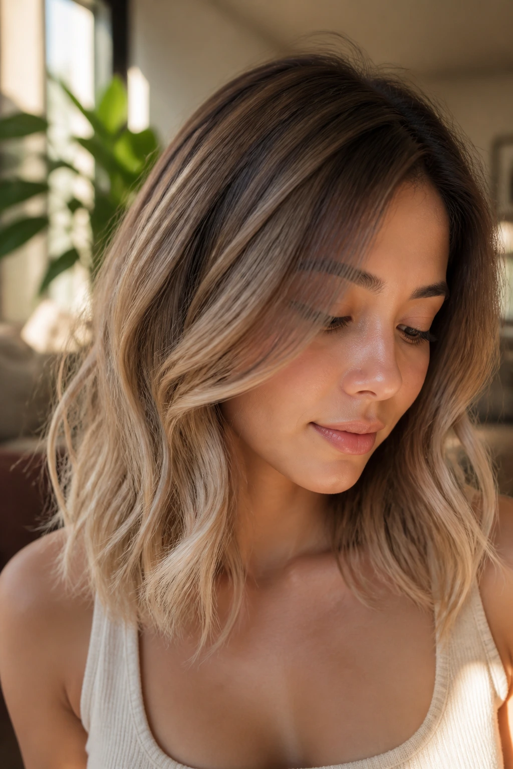 Close-up of a real woman with milk tea ombre hair