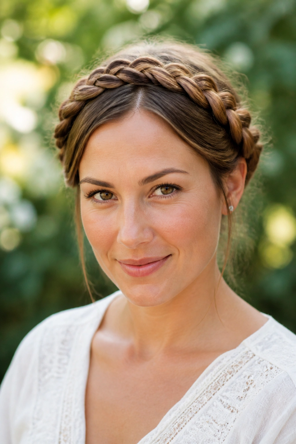 Close-up of milkmaid braids crossing over crown on real woman in garden light