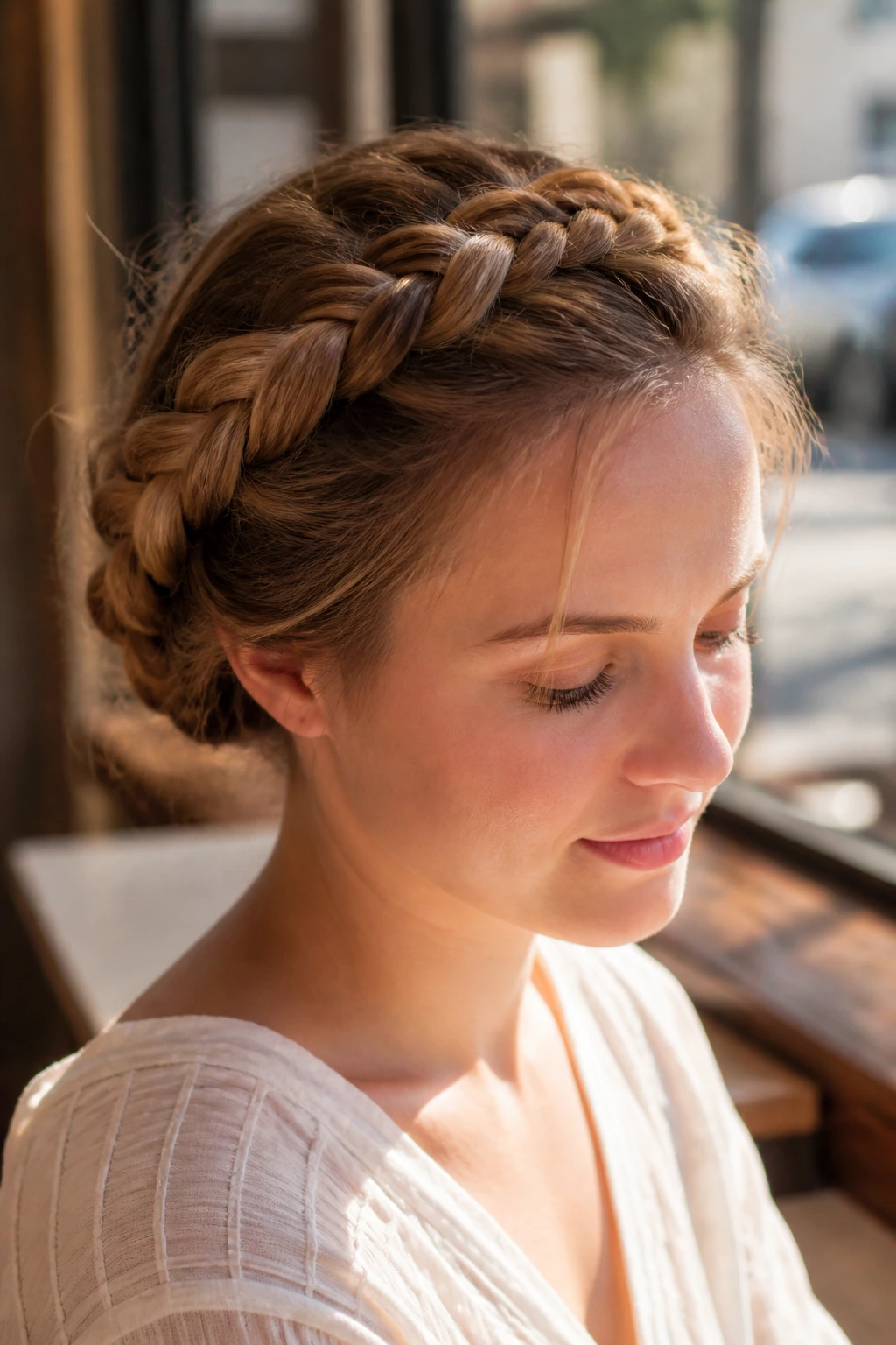 Close-up of a real person wearing two milkmaid braids across the crown