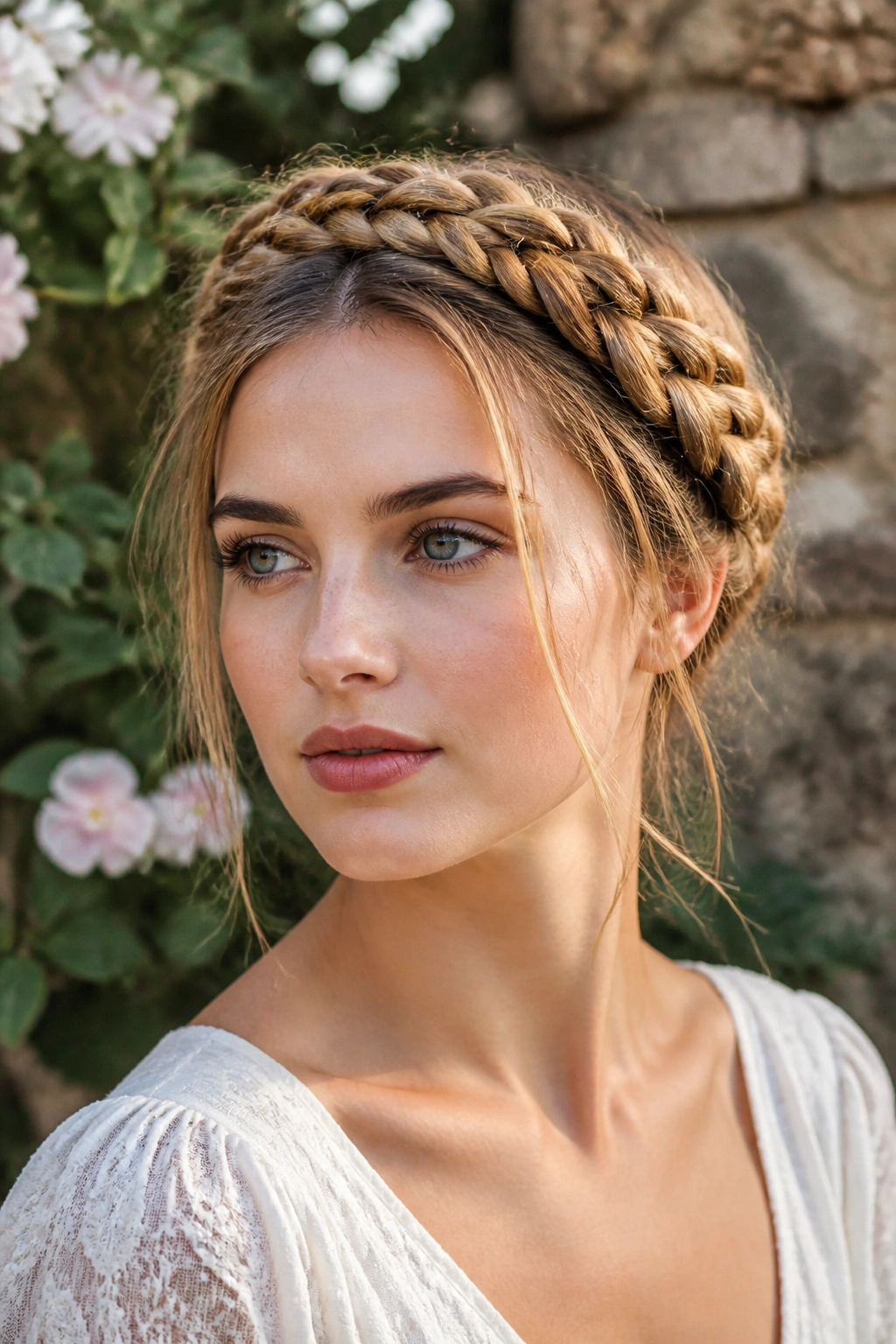 Close-up of a woman wearing a loose milkmaid braid around the crown
