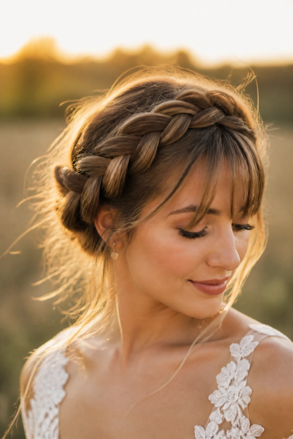 Close-up of a real woman wearing a milkmaid braid with a soft fringe