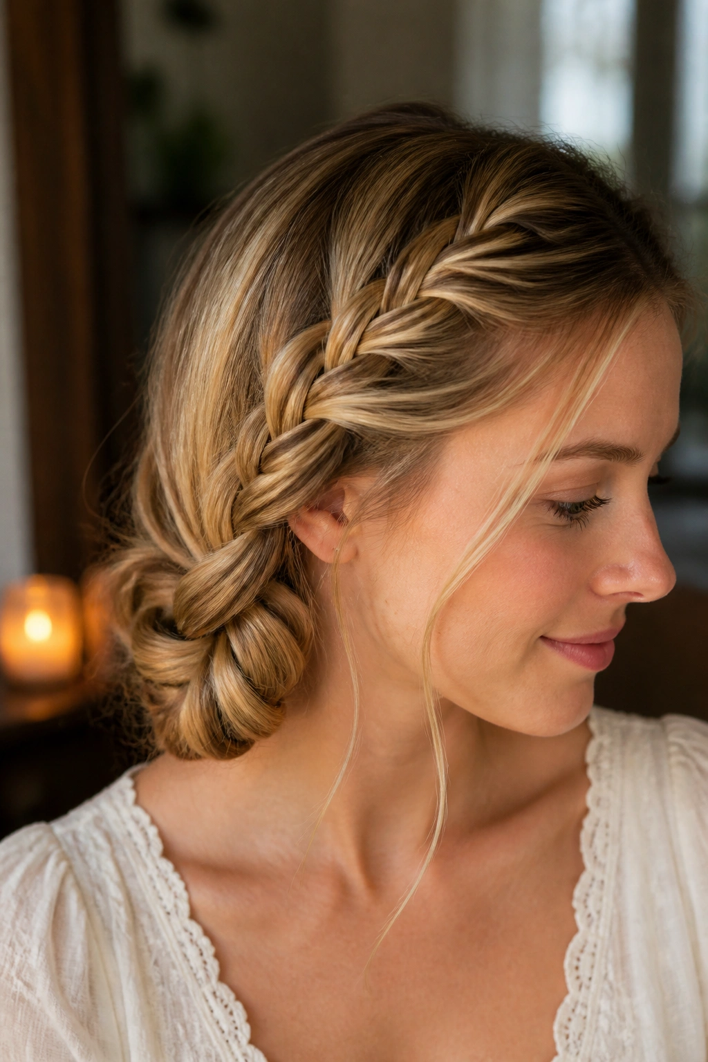 Close-up of a real person wearing a milkmaid-inspired side braid loop