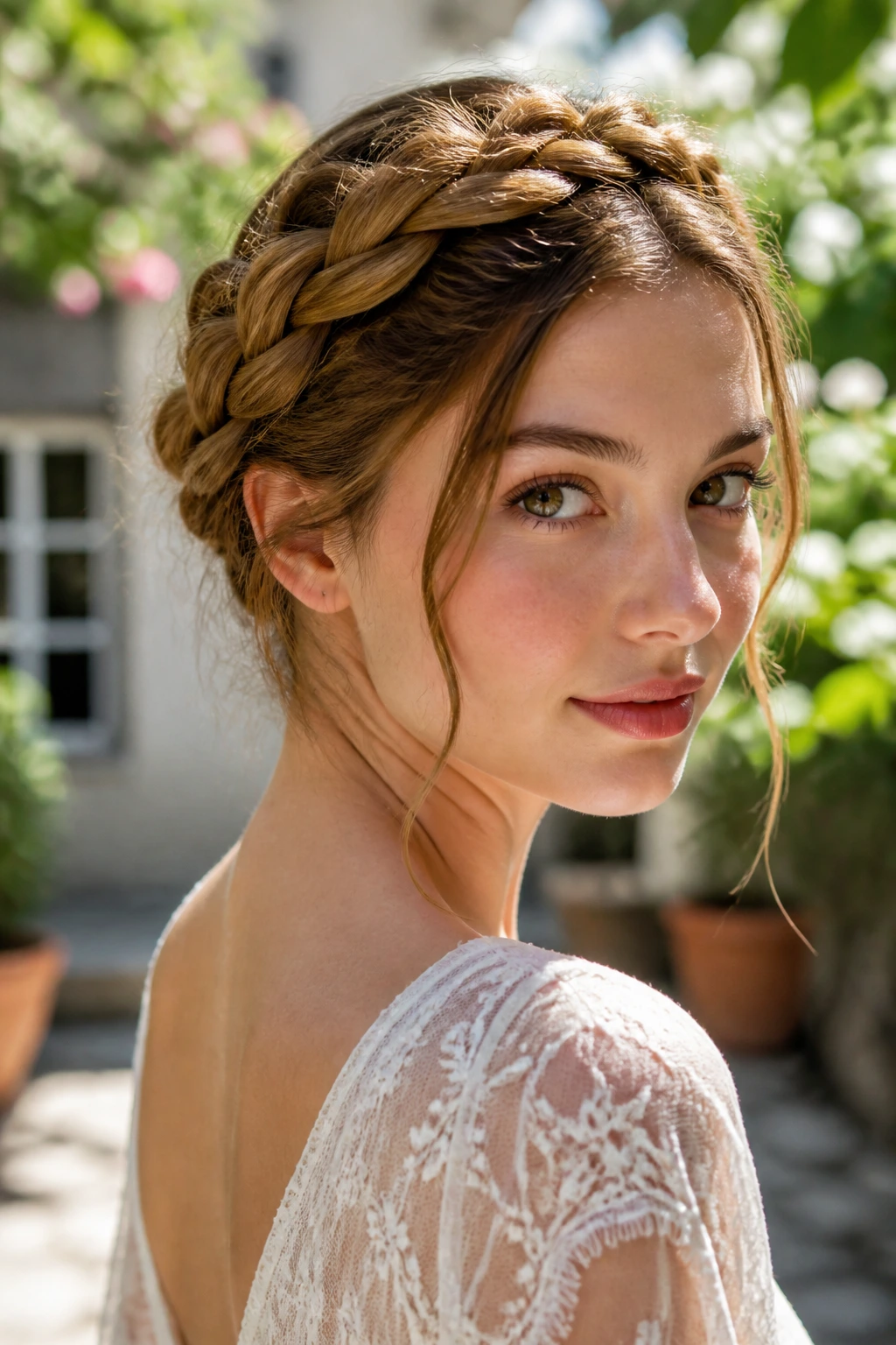 Close-up of a real woman wearing milkmaid braids across the top of the head in a sunny outdoor setting