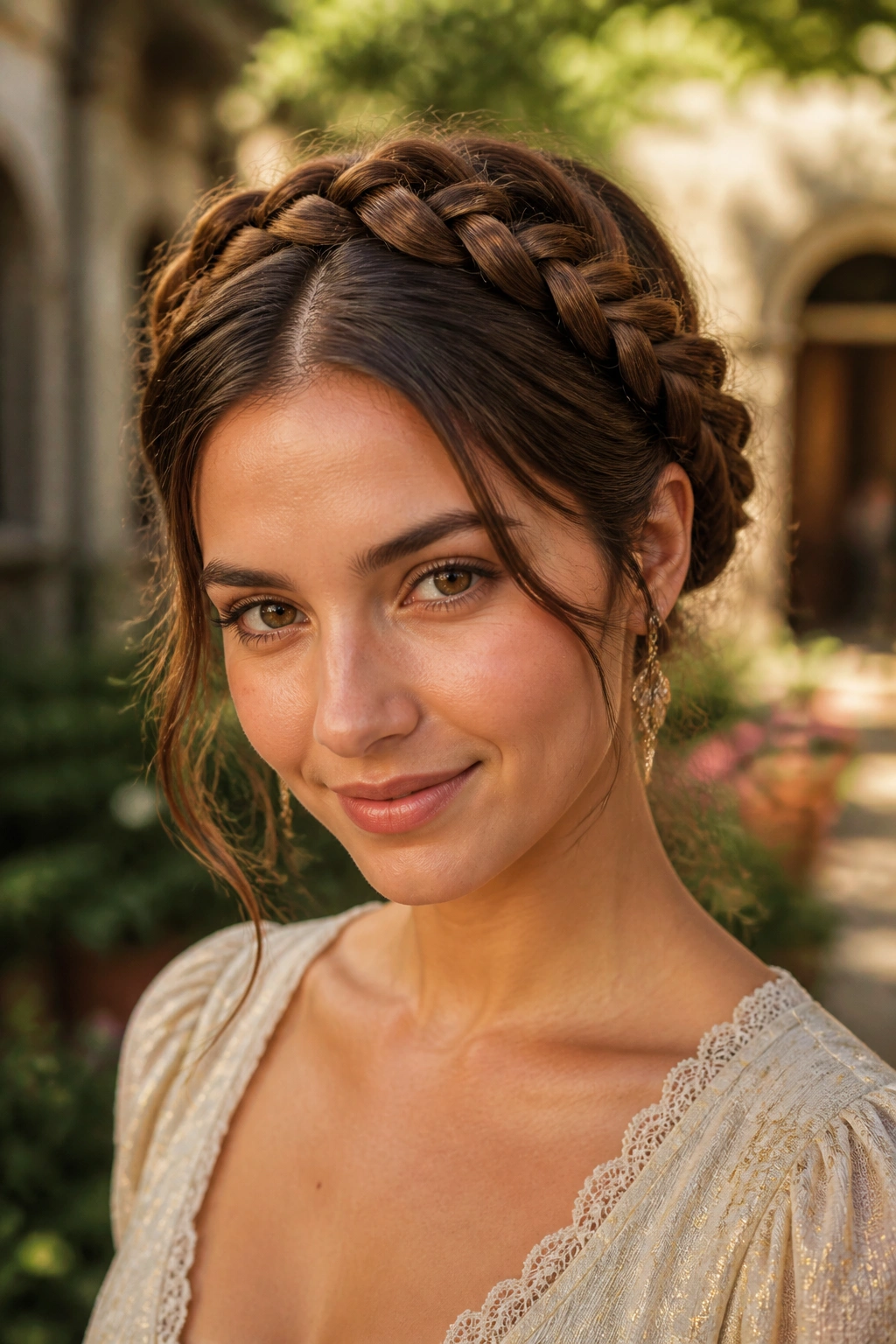 Milkmaid braided updo portrait of a real woman with two crossing braids framing her face in sunlight