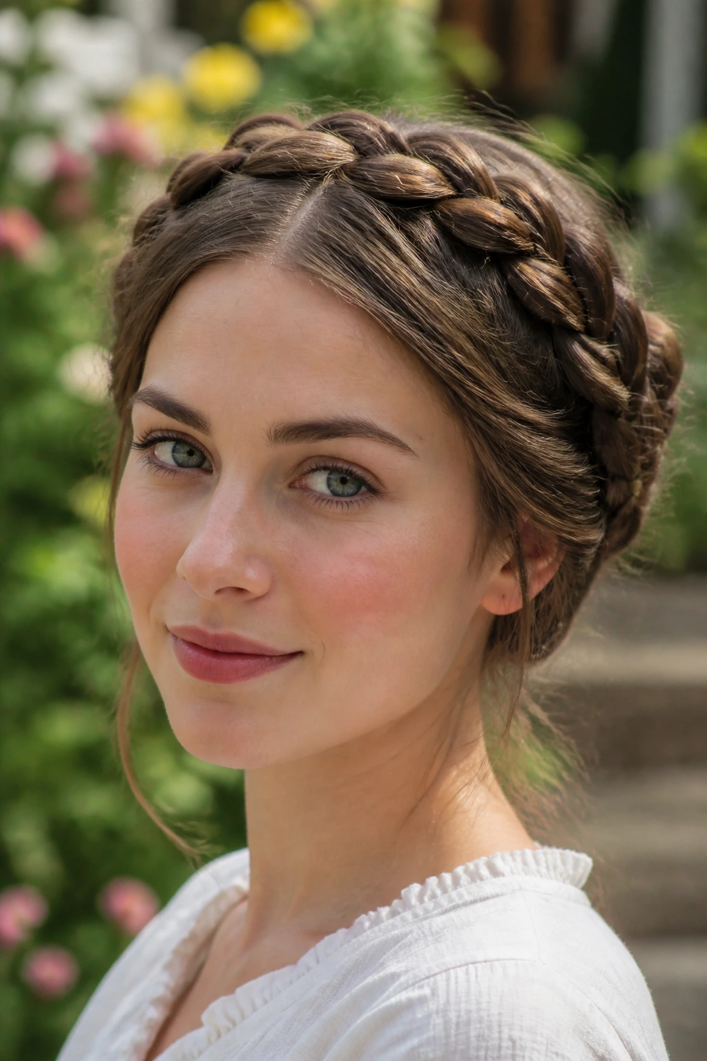 Close-up of a real woman wearing milkmaid braids in a sunlit garden