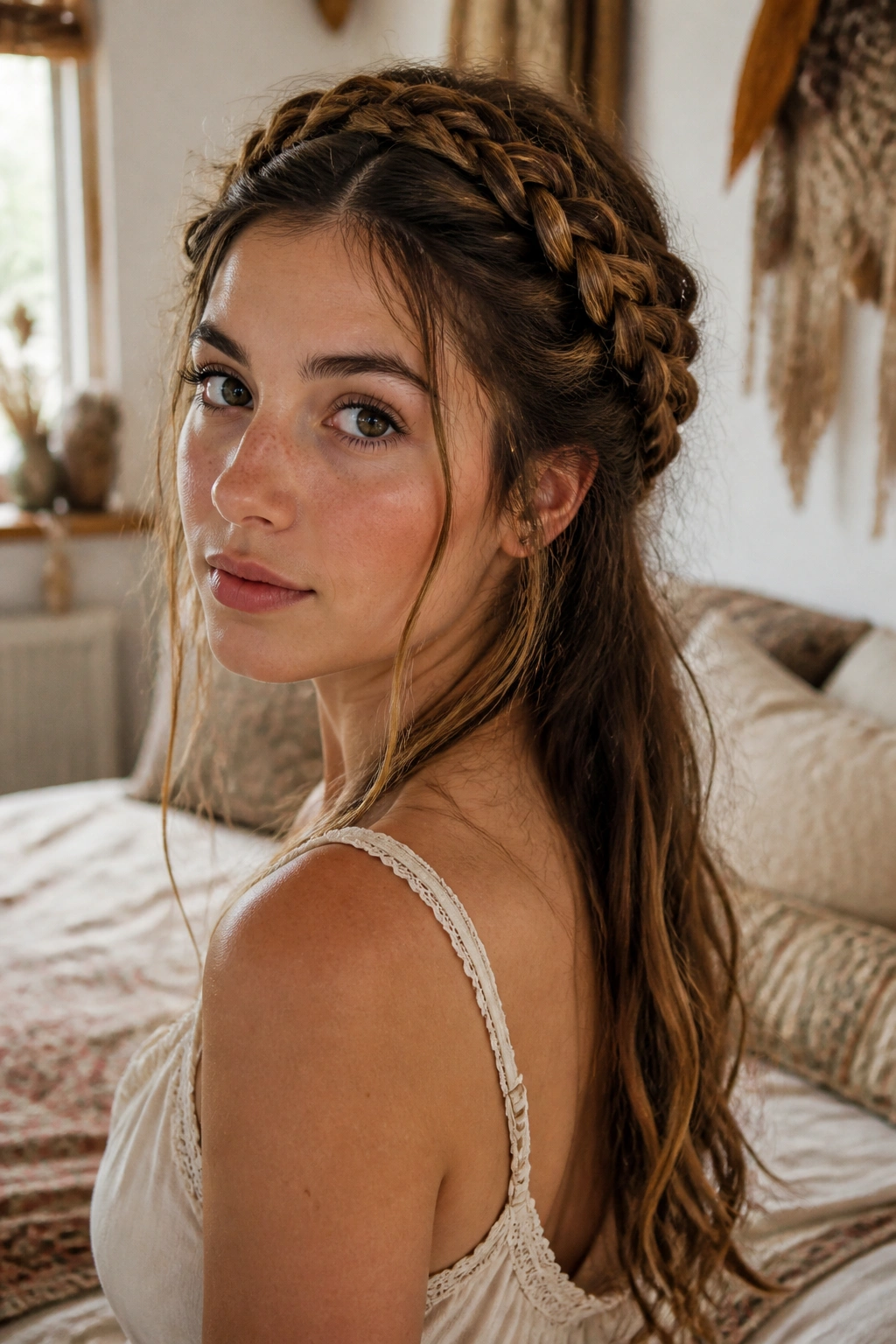 Close-up of a real woman wearing milkmaid braids framing her head