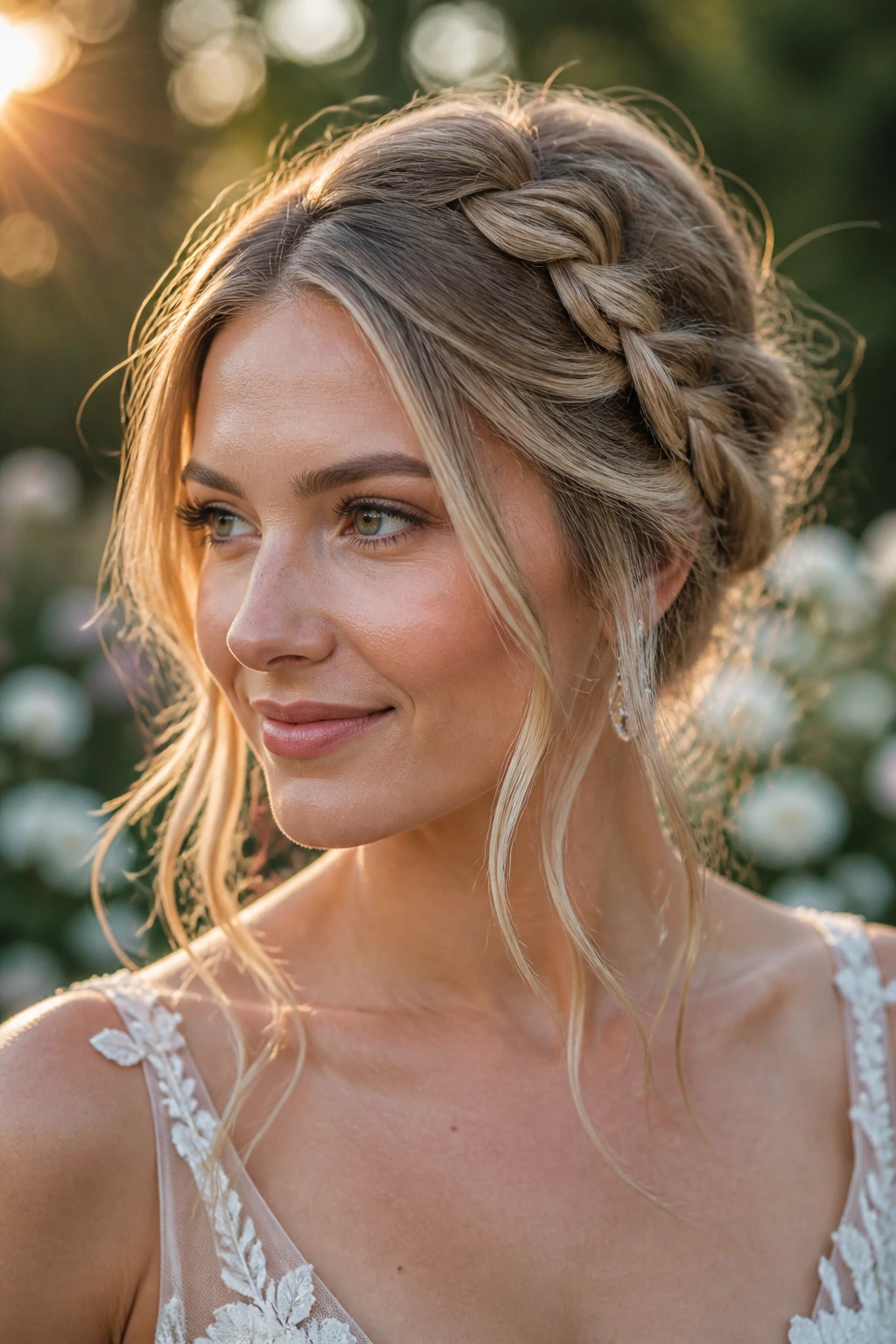Bride with milkmaid braids and soft center part