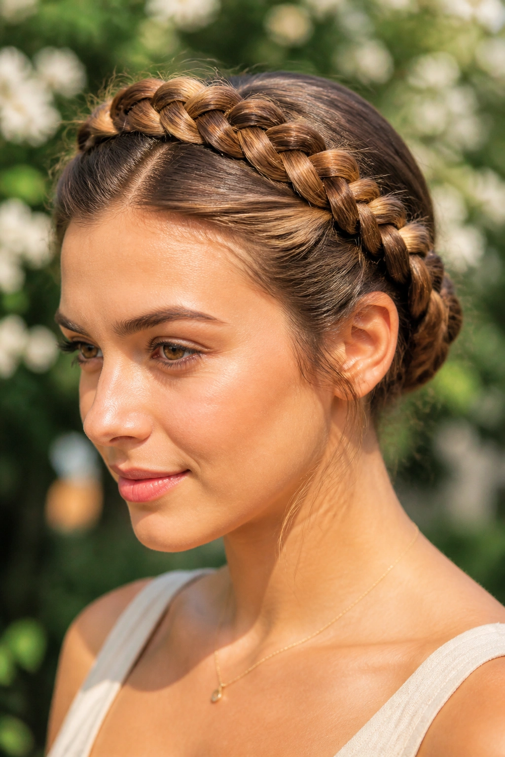 Close-up portrait of a real woman wearing milkmaid braids across the crown