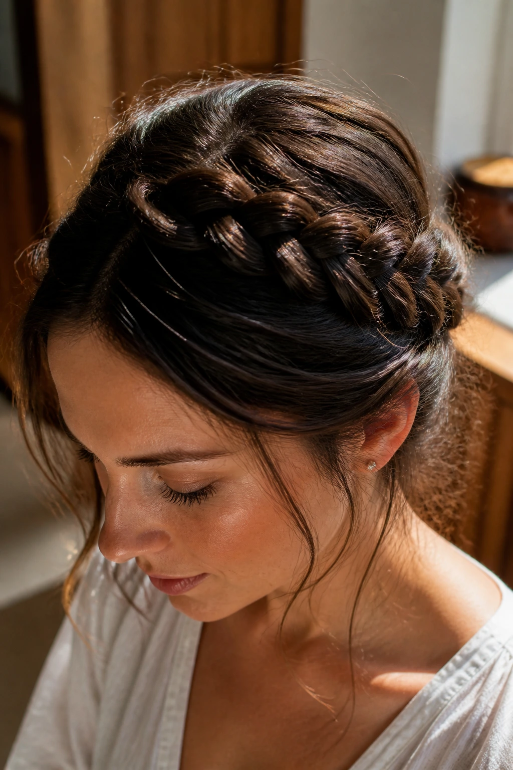 Milkmaid braids wrapped over the crown on a real person.