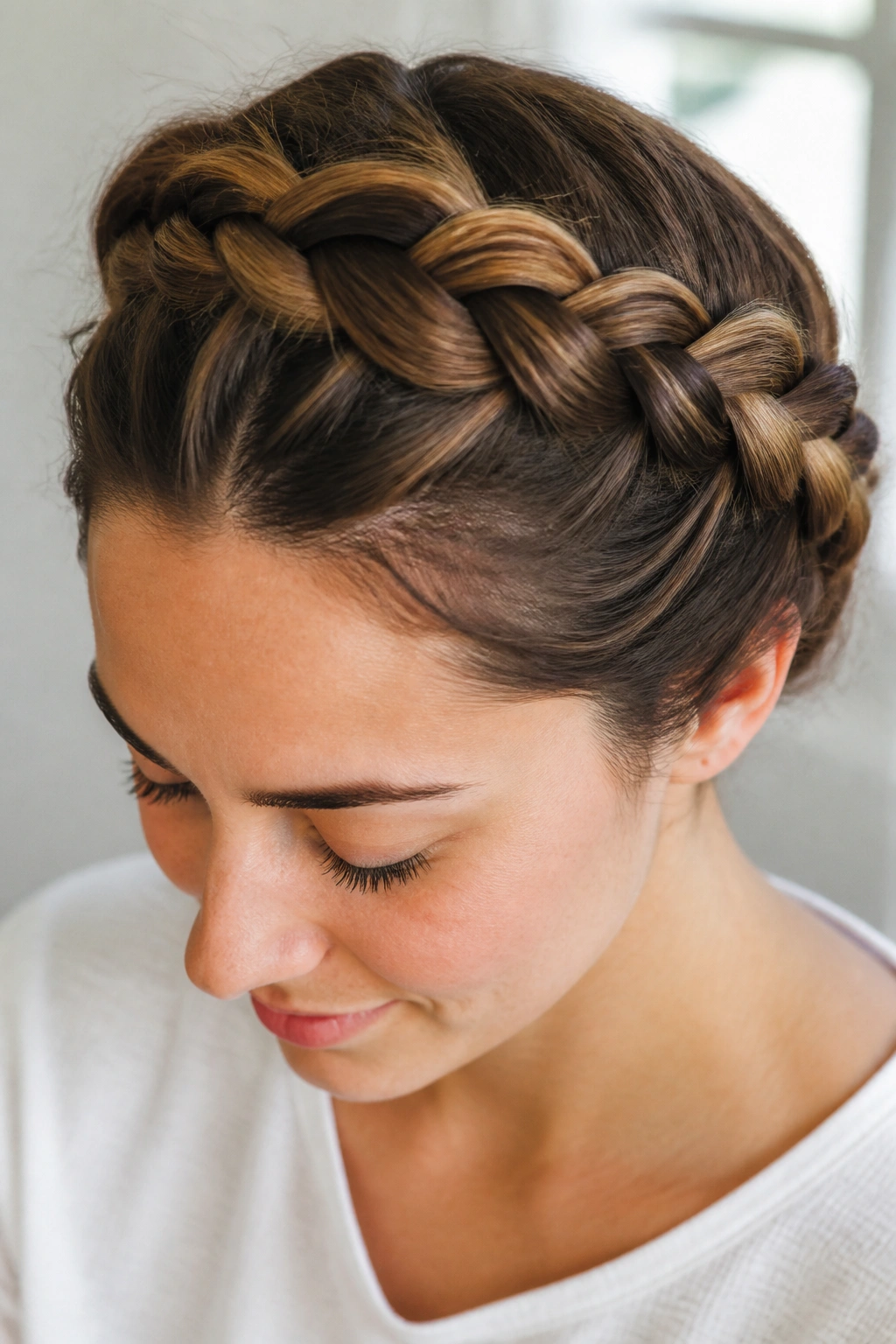 Close-up of a real woman with two milkmaid braids across the crown in bright natural light