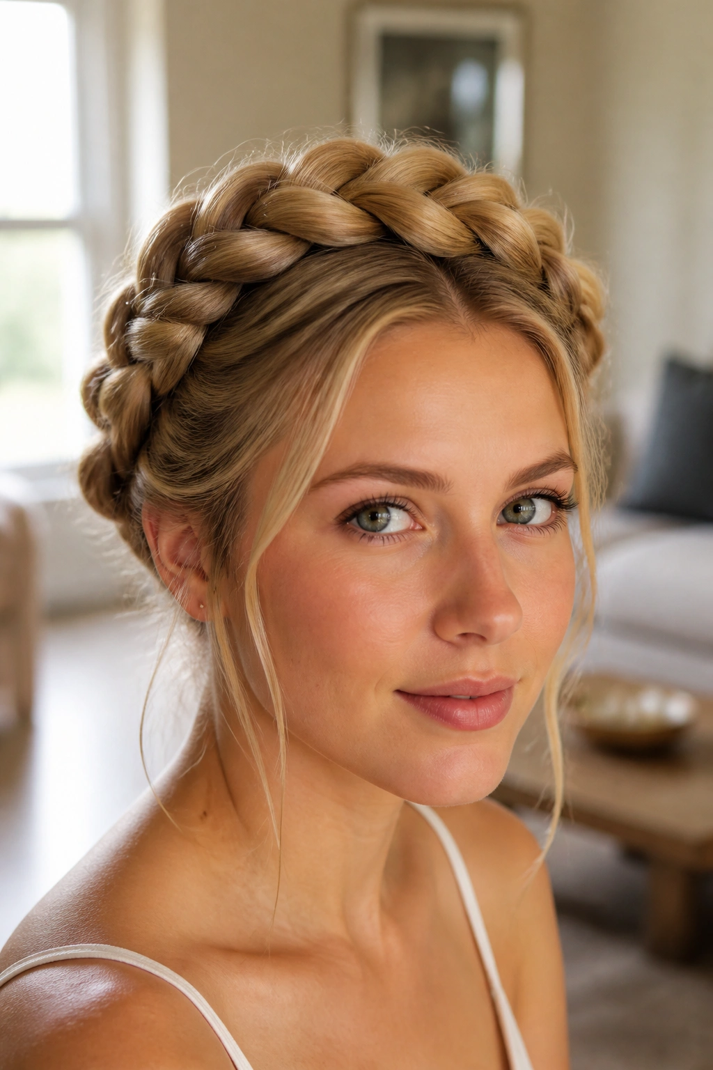 Milkmaid braids across the crown on a real woman