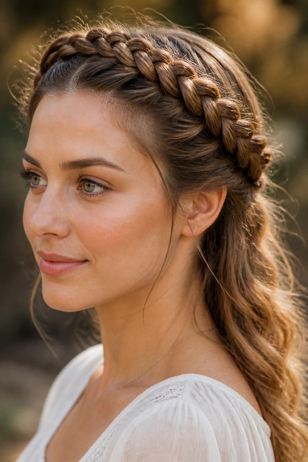 Close-up of a real person with front braids wrapped over the crown