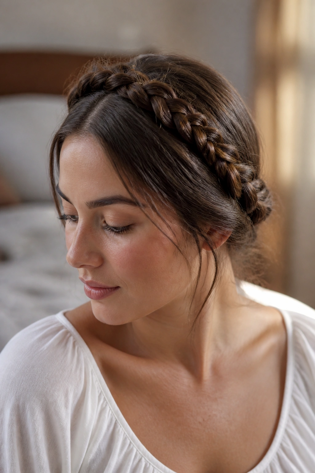 Close-up of a real woman wearing milkmaid braids as a crown across the head.