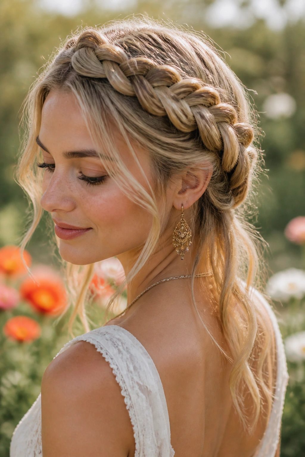 Close-up of a real woman with milkmaid braids and loose ends in a warm garden setting