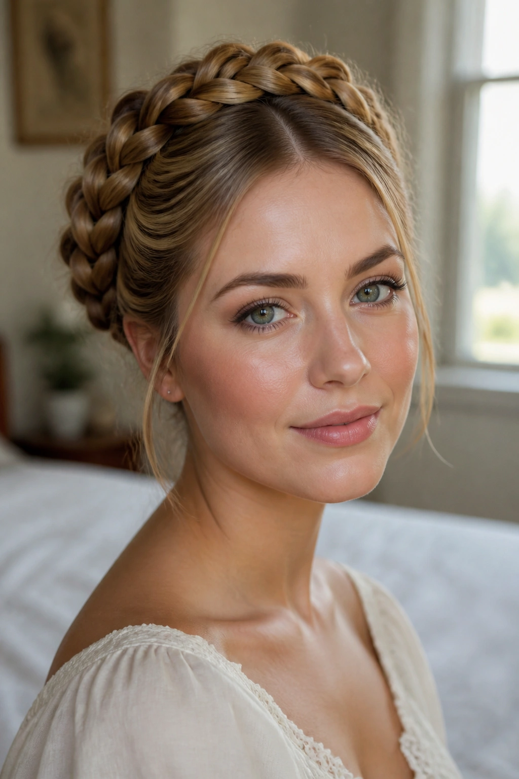 Close-up of milkmaid braids forming a crown on a real woman in warm natural light
