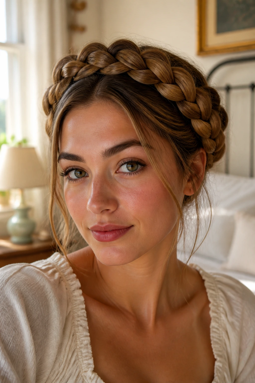 Close-up of a real woman wearing a milkmaid bun with braids wrapped around the crown