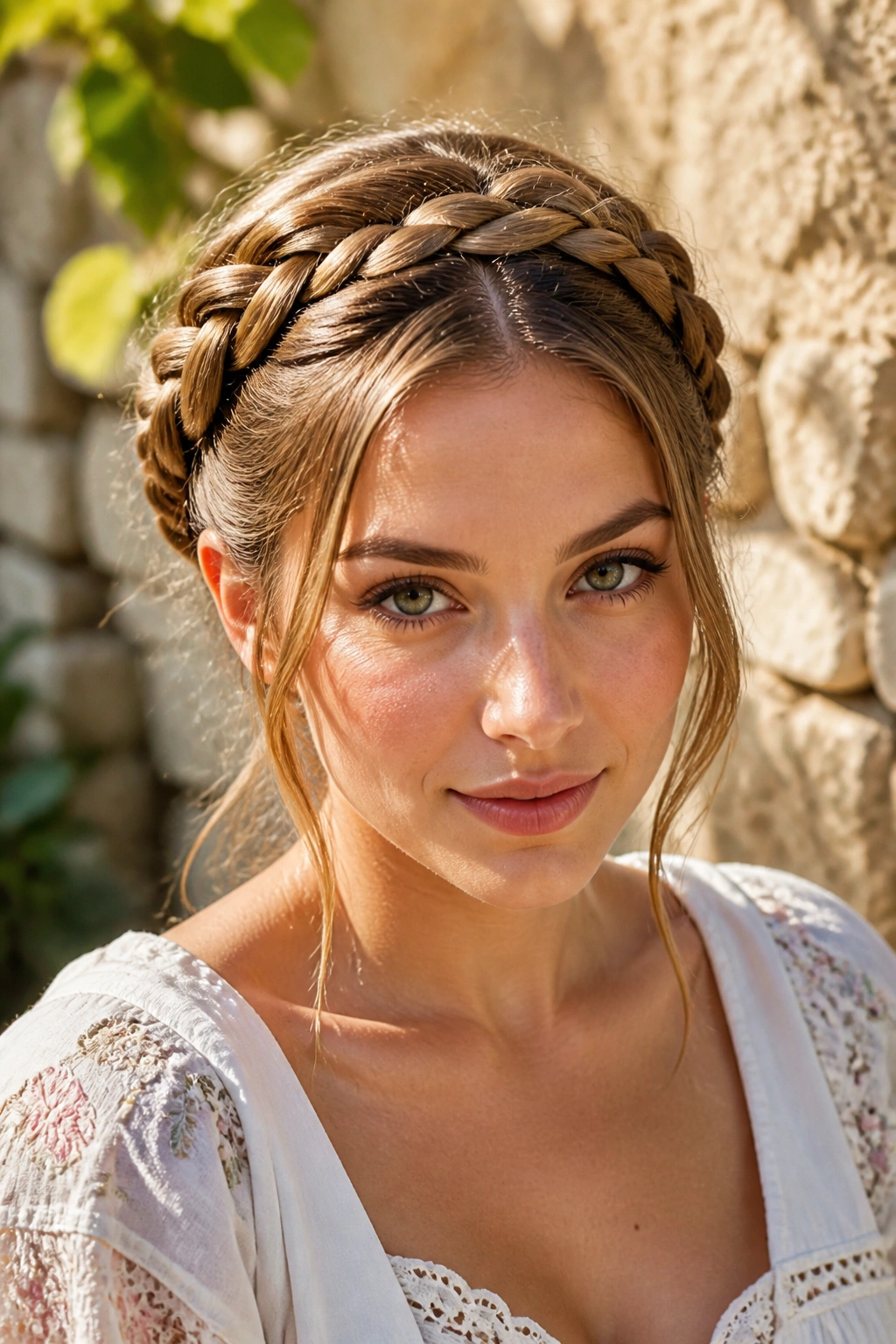 Close-up portrait of a woman wearing milkmaid crown braids across the head
