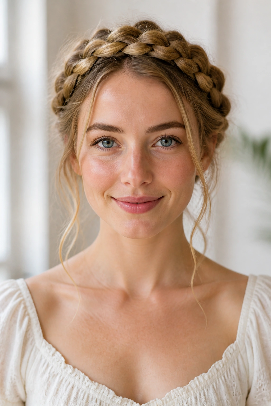 Front view of a woman with two milkmaid braids crossing the crown.