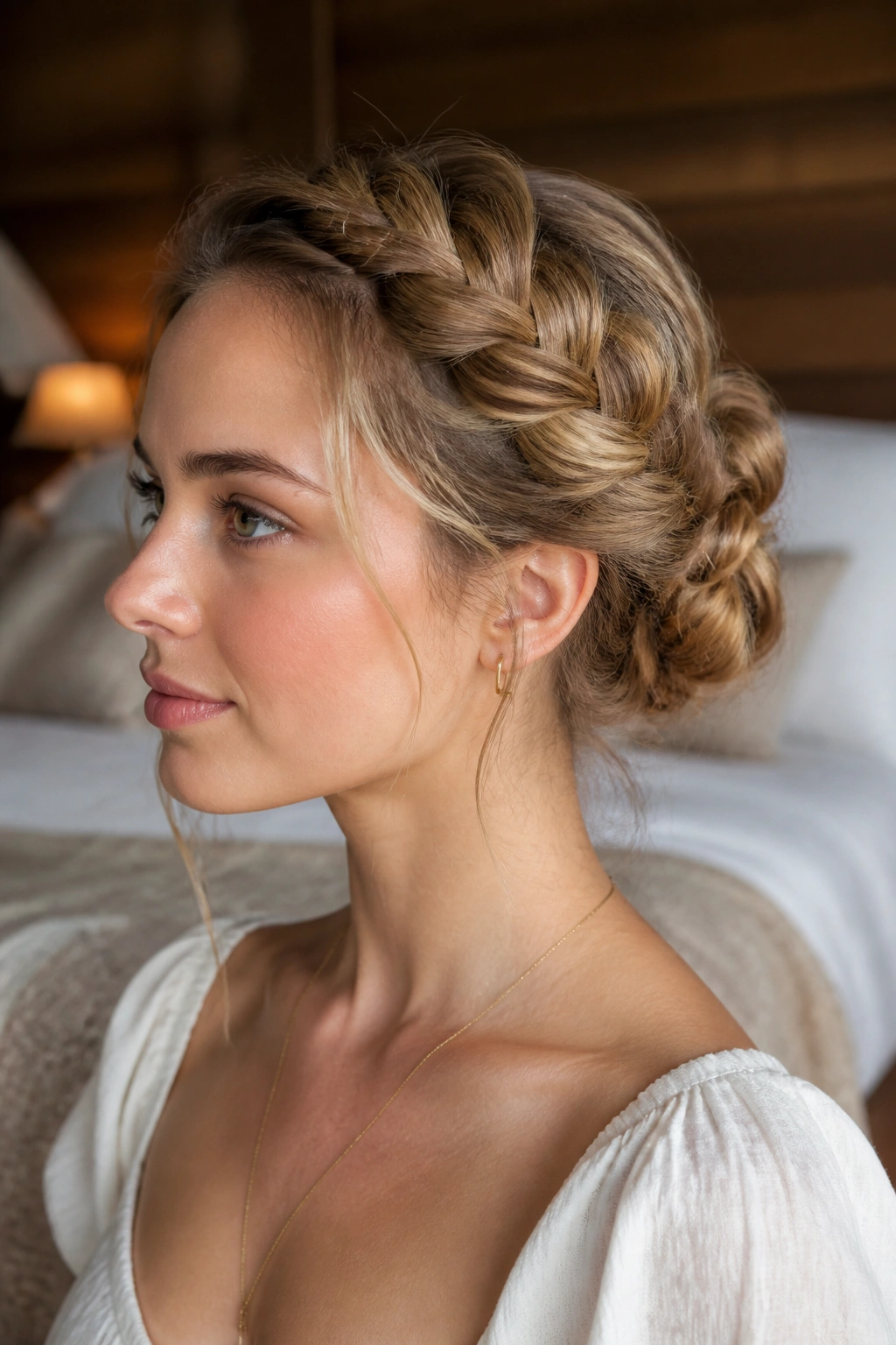 Milkmaid twist bun on a real woman, crown twists and back bun, long hair
