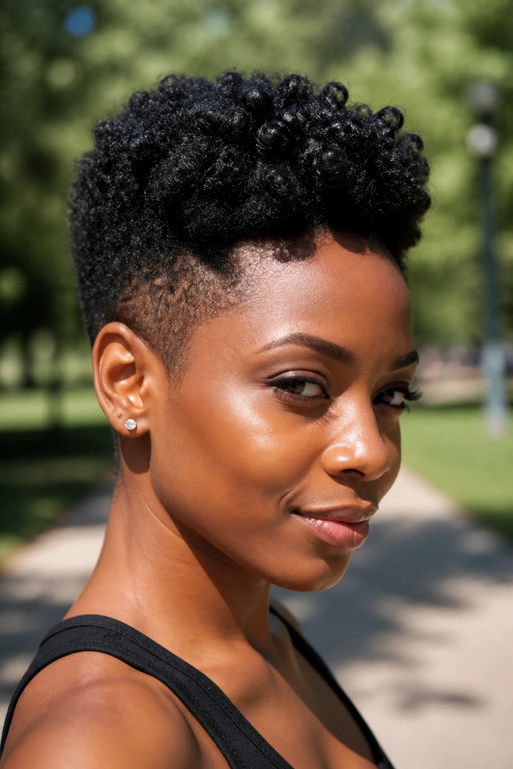 Close-up of a real person with mini Afro pixie haircut and tapered sides.