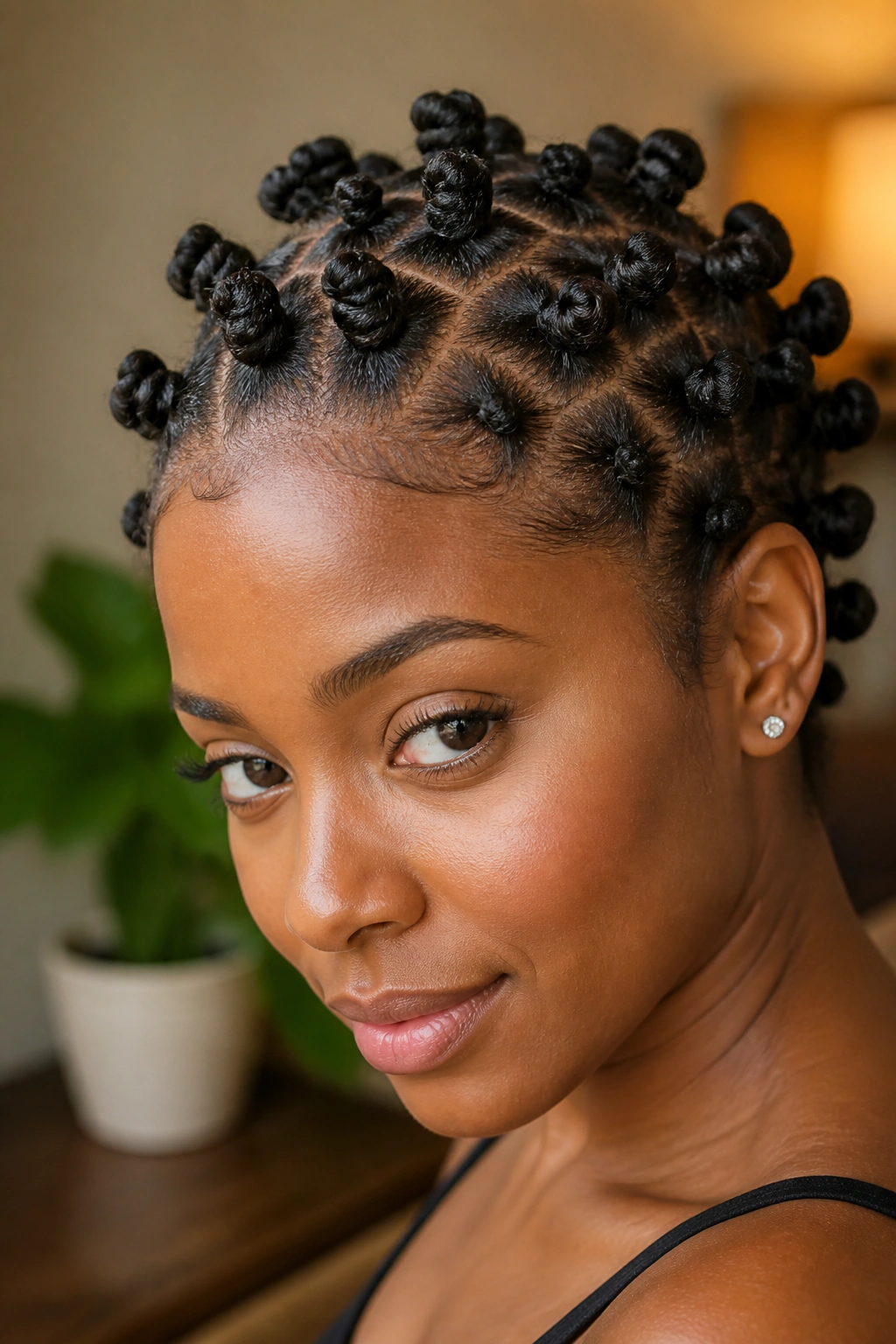 Mini Bantu Knots close-up on a real person with tight definition across the scalp.