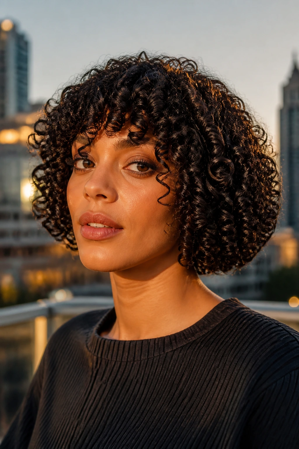 Real person with dense 3C curls mini bob on rooftop at golden hour