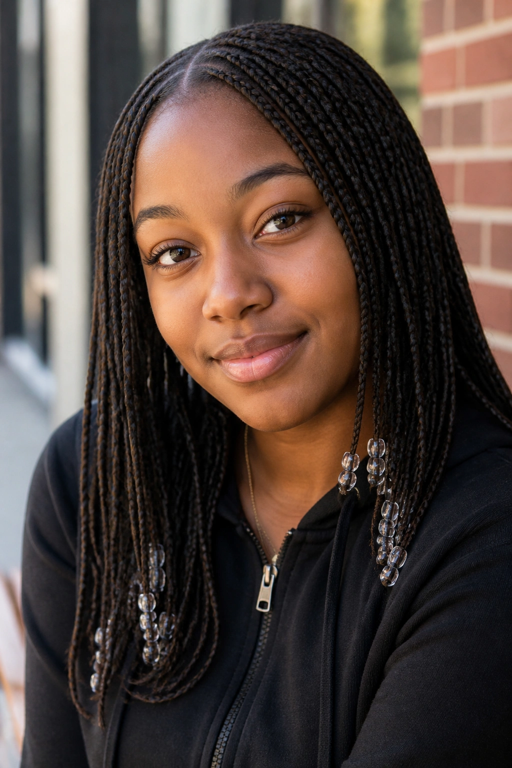 Close-up of a real person with mini box braids and beads