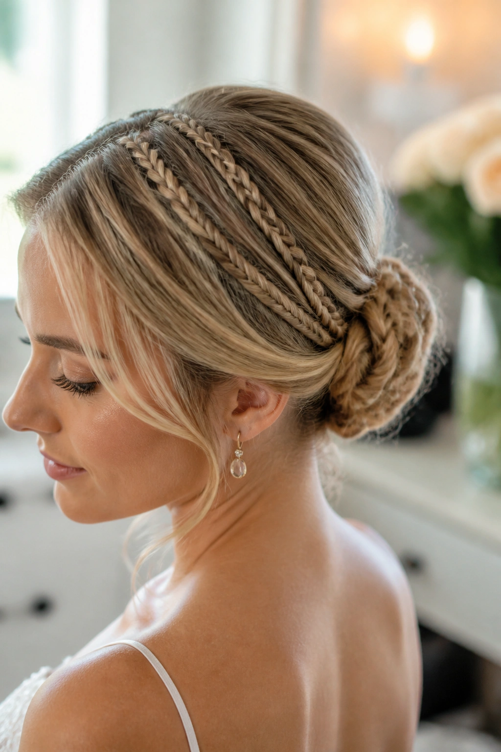 Close-up of mini braid cluster into a braided bun on a real woman