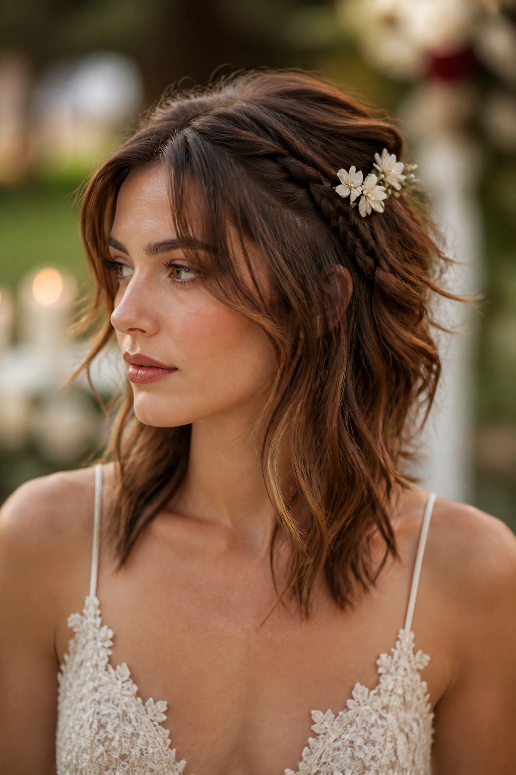 Wolf cut with mini braids and small floral clips in a garden setting