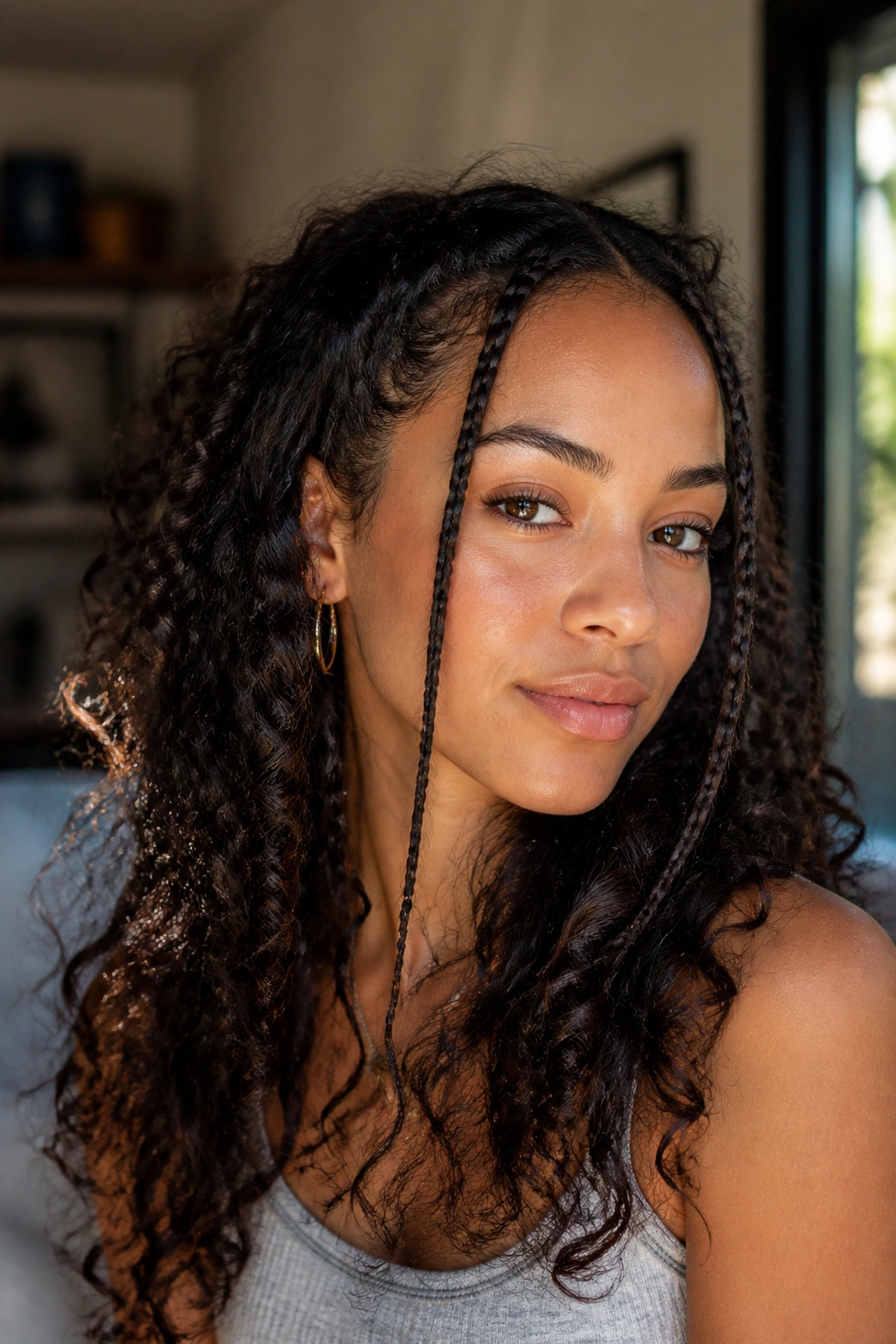 Close-up of a real woman with small front braids framing the face
