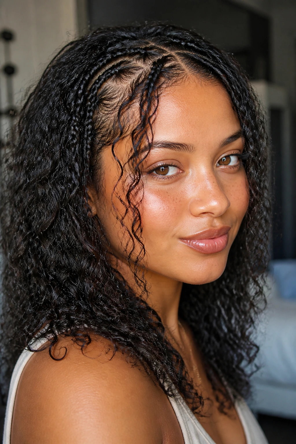 Mini braids with curly leave-out hairstyle on a real person