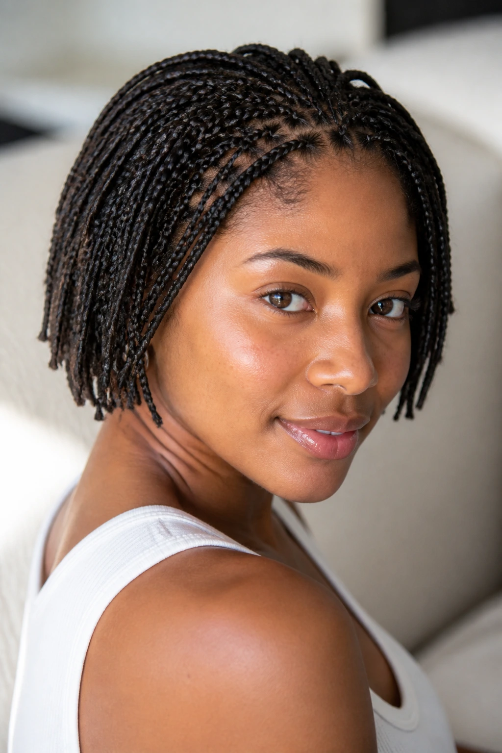 Close-up of a real person with short natural hair mini braids