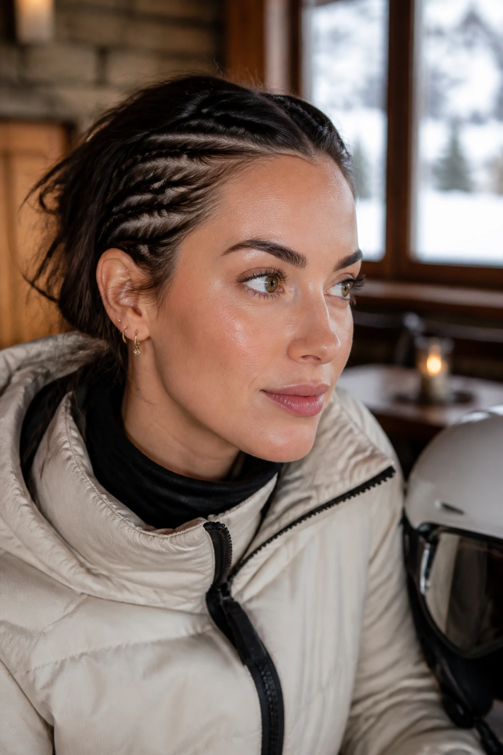 Portrait of a real woman with small braids along the hairline under a ski helmet.