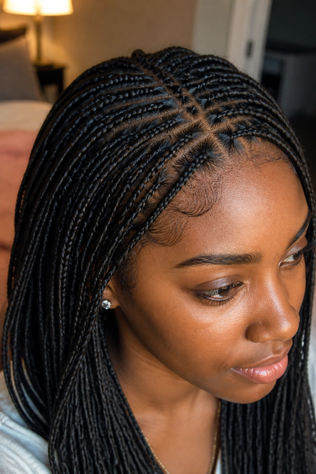 Close-up of a real person with stretched mini braids on 4c hair.