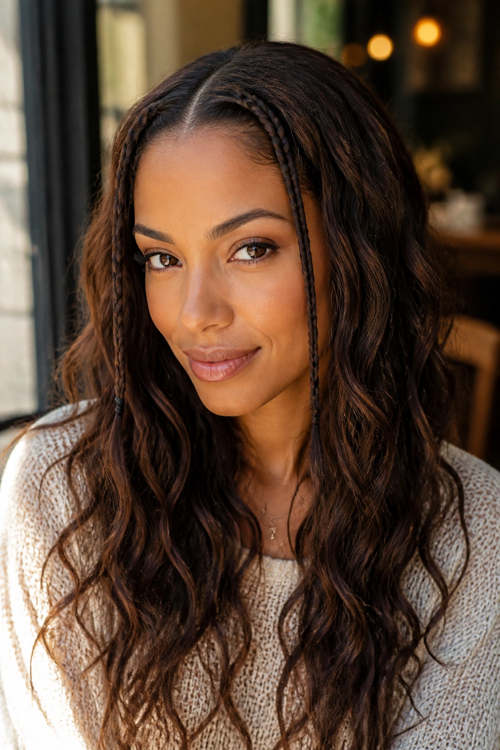 Close-up of two tiny front braids with loose waves on a real woman